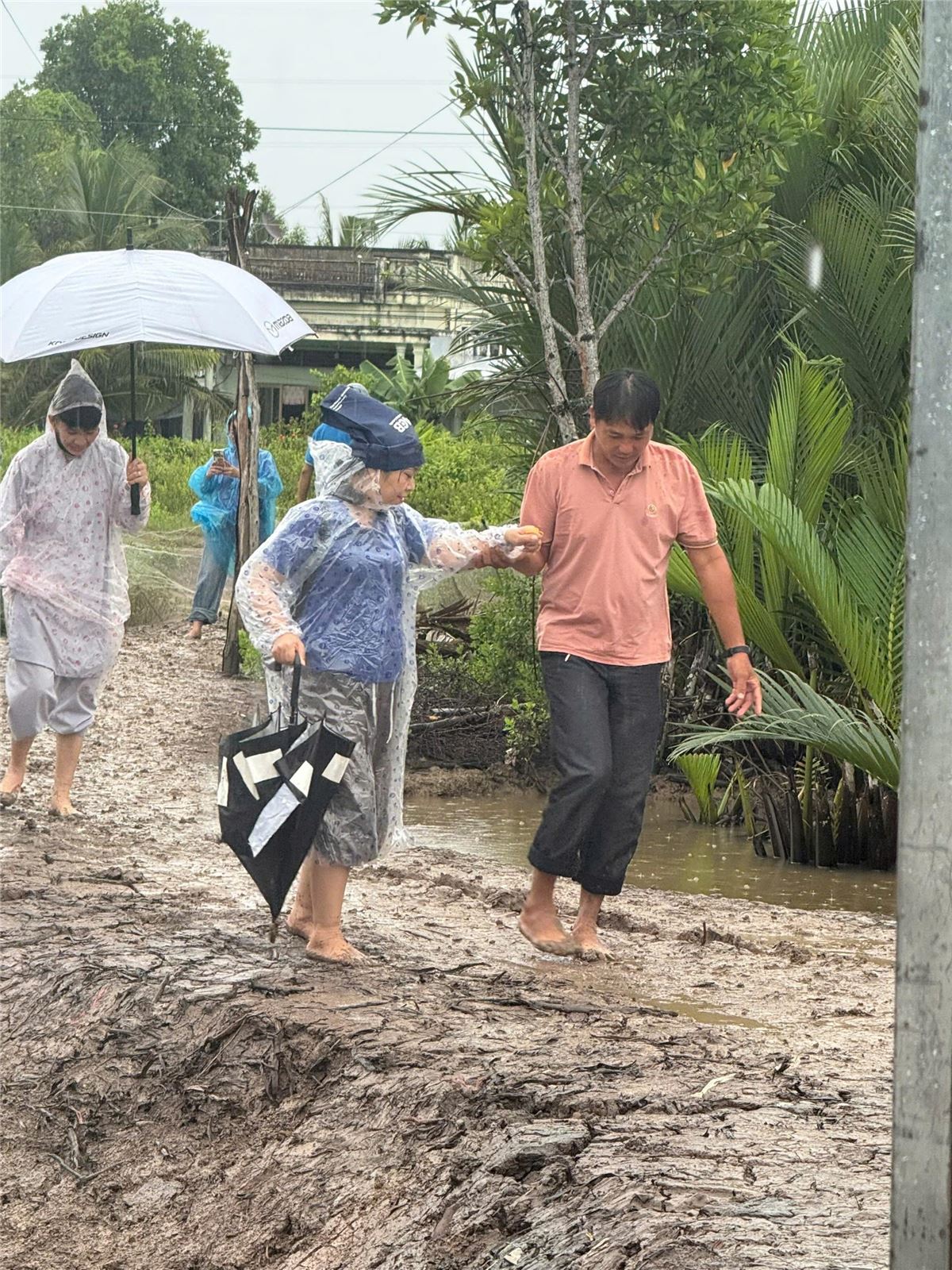 Mọi người đi bộ trên lối đất ướt, một người nắm tay hỗ trợ người bên cạnh trong ngày mưa